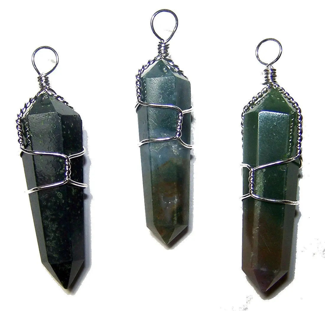 Wire Wrapped Moss Agate Point Cut Stone Pendants 1