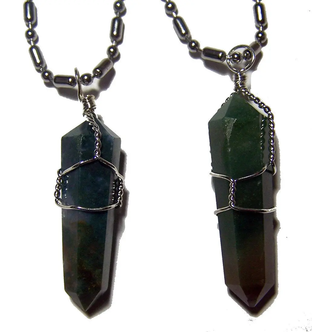 Stainless Steel Ball Chain Necklace With Wire Wrapped Moss Agate Stone Pendant 1