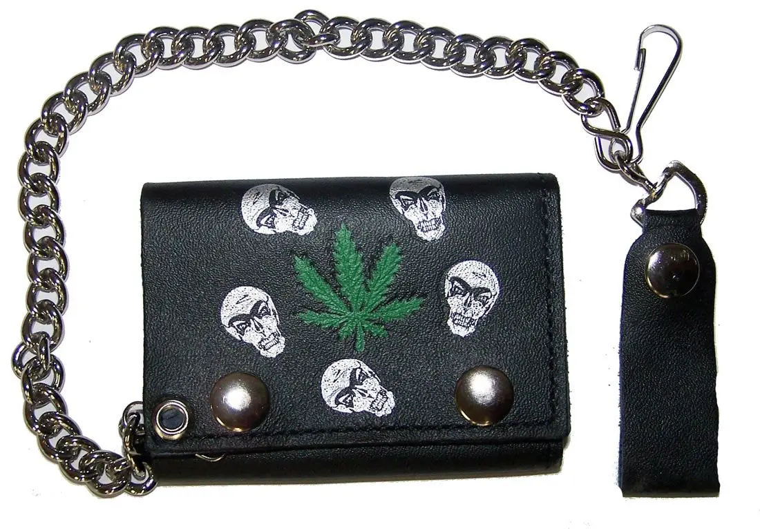 Skull Heads Marijuana Trifold Leather Wallet With Chain 1