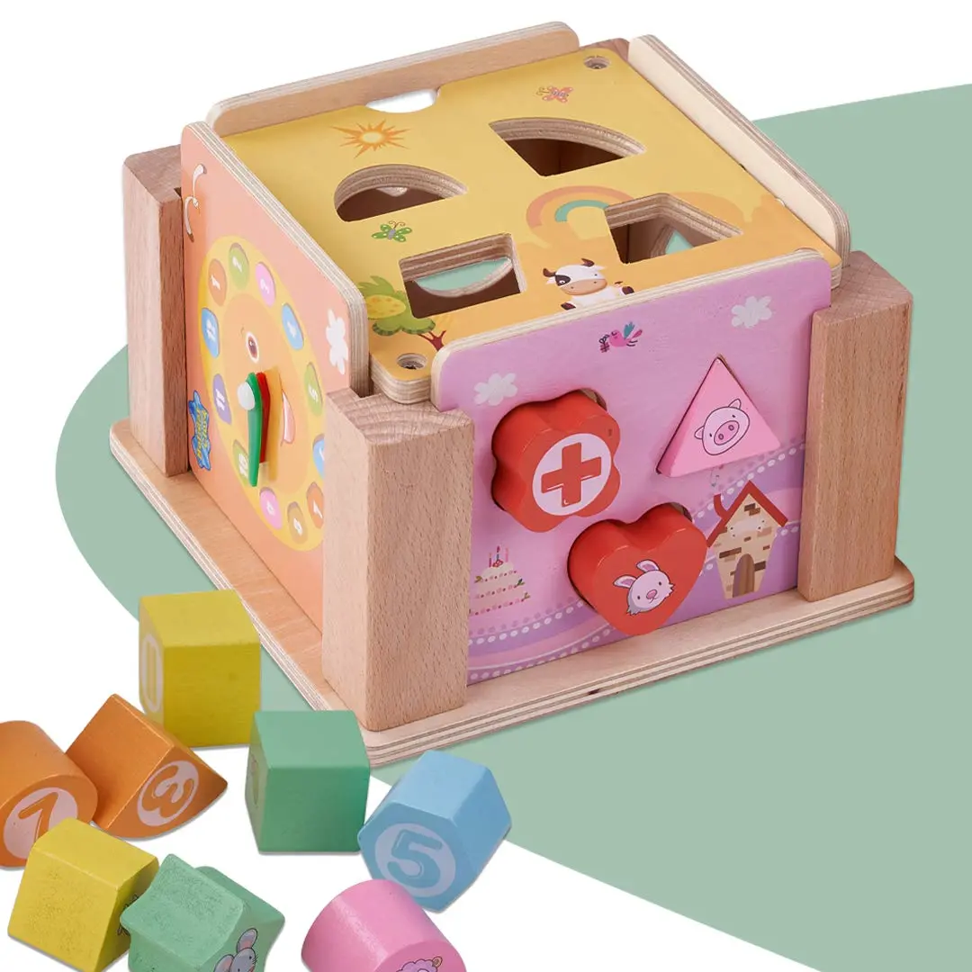 Wooden Colorful Intelligence Box Toys For Kids, Wooden Blocks Shape Matching Kids Toys With 5 Panels & Clock, Early Educational Learning Toy For Kids Boys & Girls 1