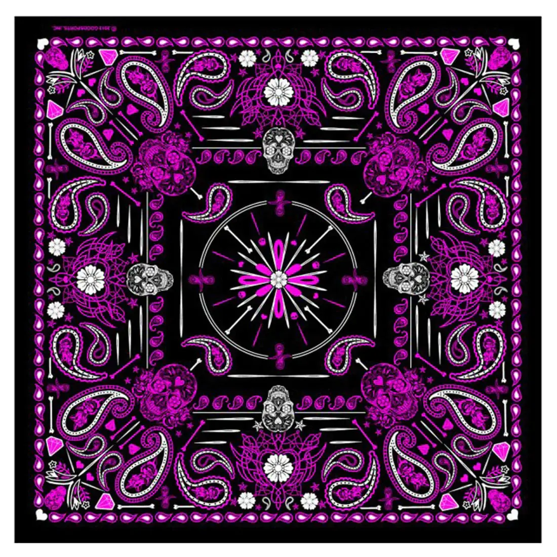 Deluxe Hot Pink Paisley Retro Skulls Bandana (Sold By The Piece Or Dozen) Bandanna 1