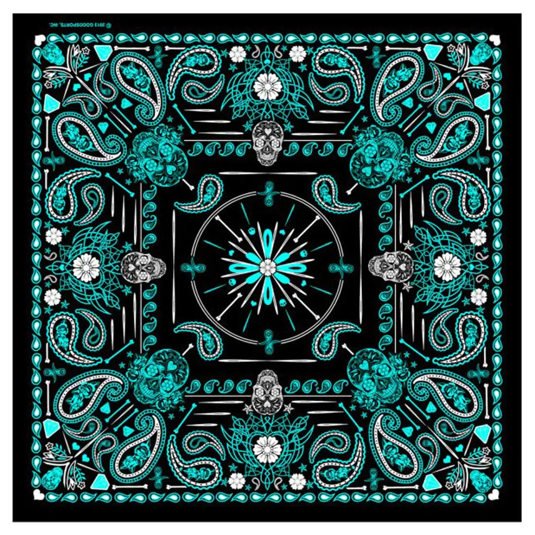 Deluxe Turquoise Blue Paisley Retro Skulls Bandana (Sold By The Piece Or Dozen) Bandanna 1