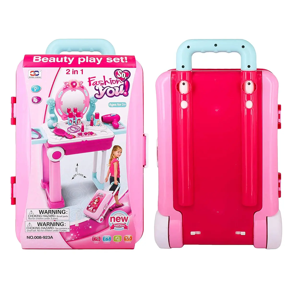 Beauty Play Set / Makeup Kit For Girls / Foldable Table Suitcase Girls Cosmetic Set / Pretend Play With Makeup Accessories / Portable Trolley Bag / Beauty Kit / Beauty Dresser - Pink Color 1