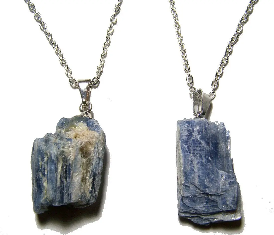 Blue Kyanite Rough Natural Mineral Stone 24 In Silver Link Chain Necklace 1