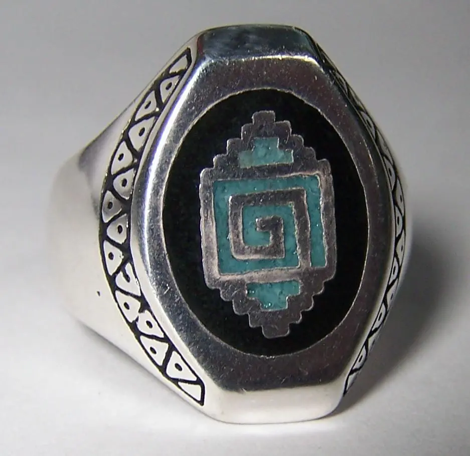 Inlayed Native Design Silver Deluxe Biker Ring 1