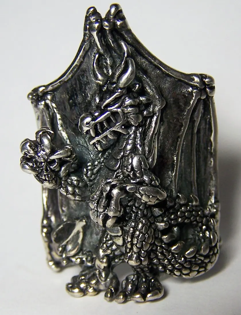 Dragon On Sheild Silver Deluxe Biker Ring 1