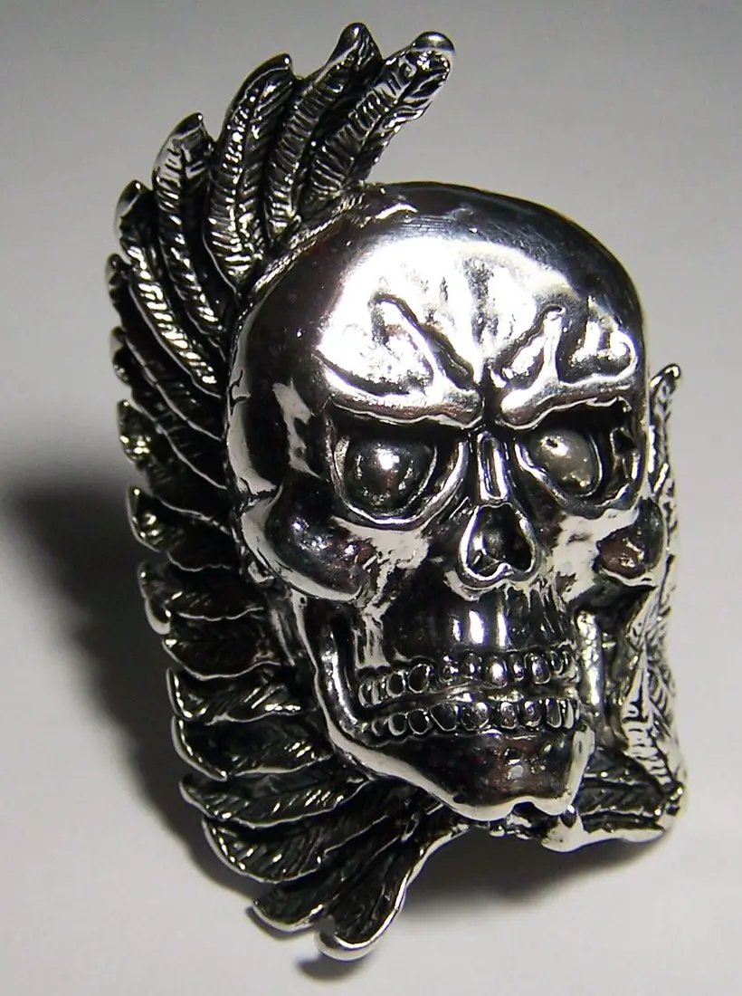 Large Skull Head Wing Wrapped Silver Deluxe Biker Ring 1