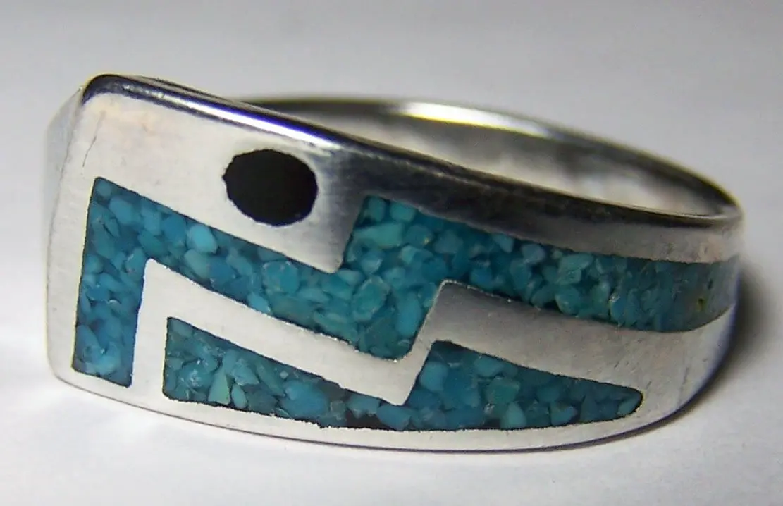 Blue Turquoise Native Design Lightning Silver Deluxe Biker Ring 1