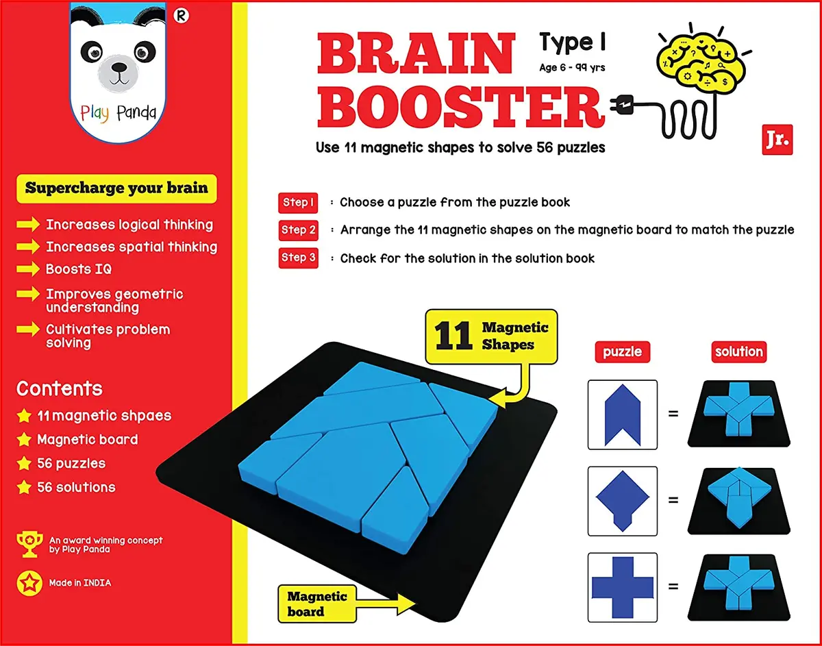 Play Panda Brain Booster Type 1 (Junior) - 56 Puzzles Designed To Boost Intelligence - 11 Magnetic Shapes, Magnetic Board, Puzzles & Solution Book - For Boys & Girls Ages 6 To 15 Years, Red 1