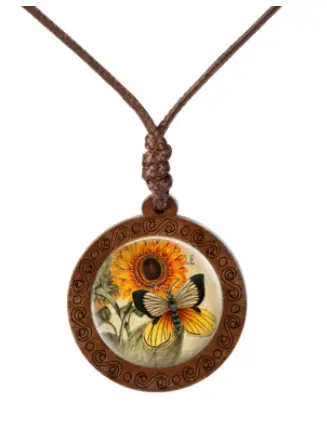 Butterfly With Sunflower Necklace On Adjustable Wax Rope Necklace (Sold By The Piece) 1