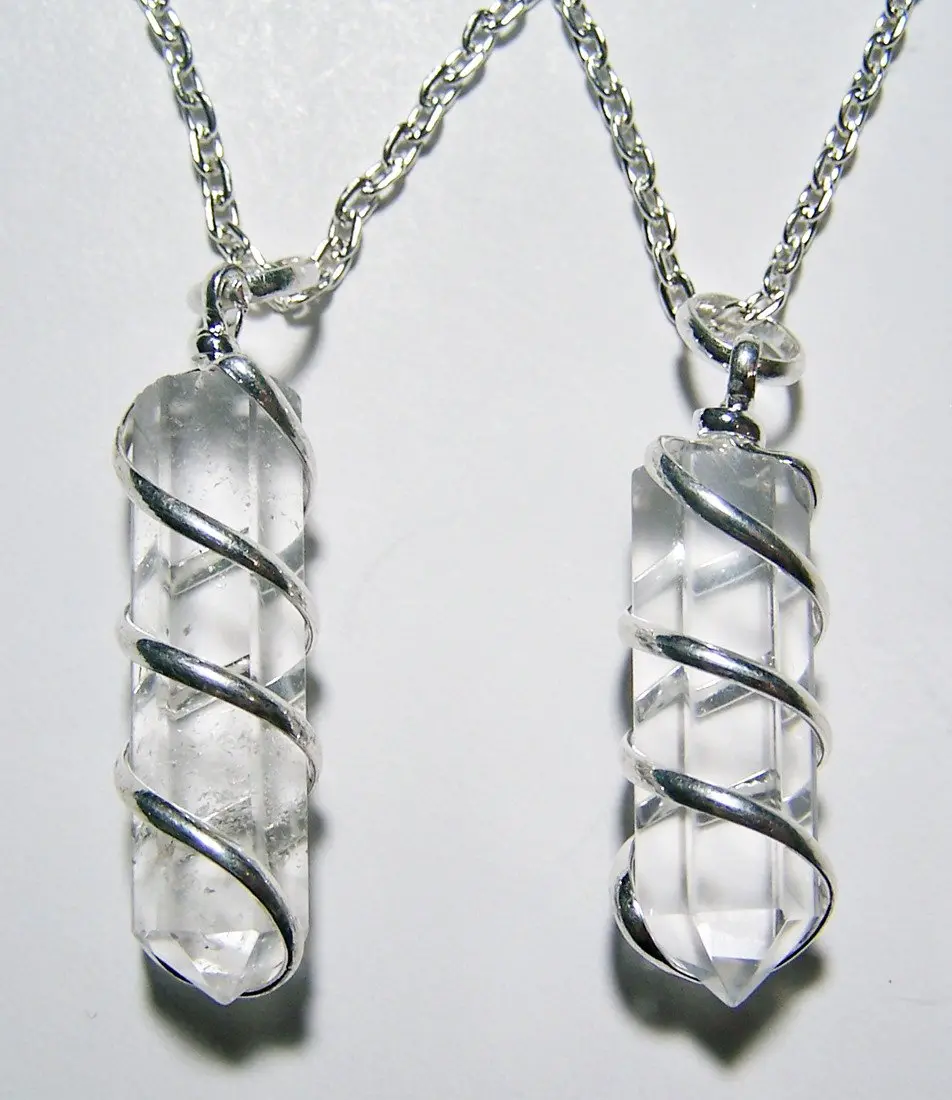 Clear Quartz Crystal Coil Wrapped Stone 18 Inch Silver Chian Necklace 1