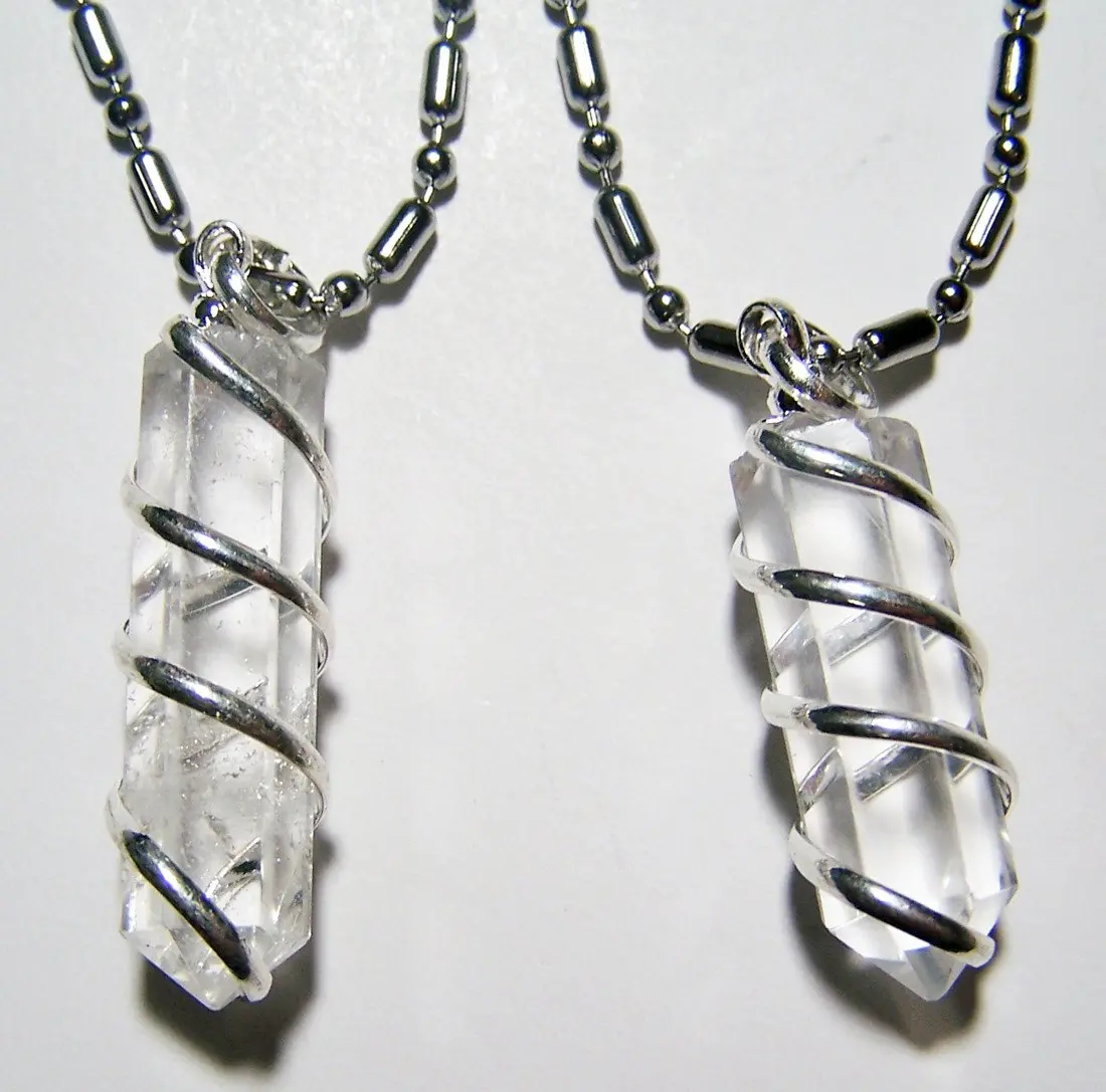 Clear Quartz Crystal Coil Wrapped Stone Stainless Steel Ball Chian Necklace 1