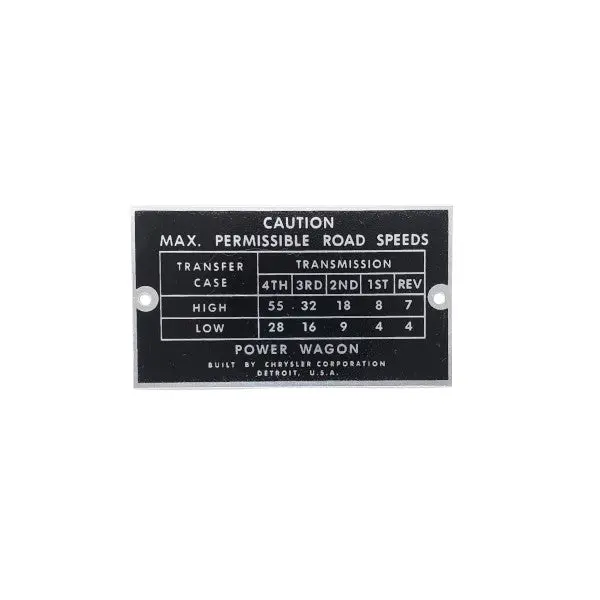 Data Plate #66 - 2Nd Series Power Wagon Road Speed 1