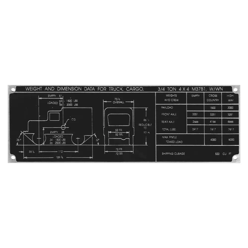 Data Plate #58 - M37b1 With Winch Dimensions 1