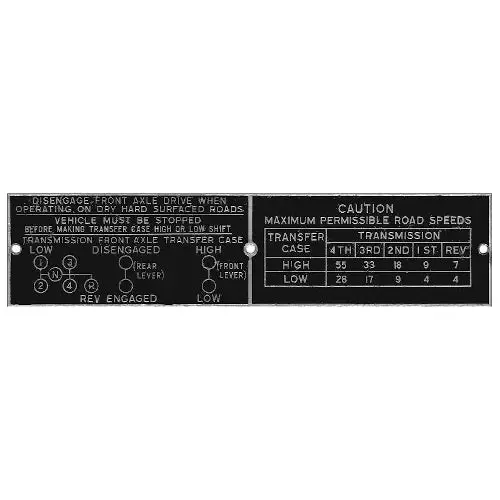 Data Plate #25 - M37, M43 & M601 Shift Pattern & Road Speed 1