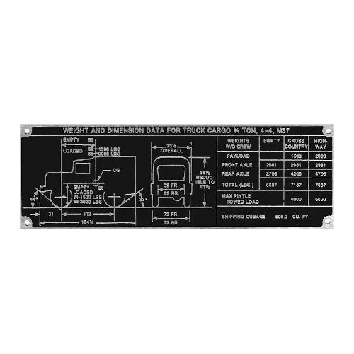 Data Plate #27 - M37 Weight & Dimensions 1