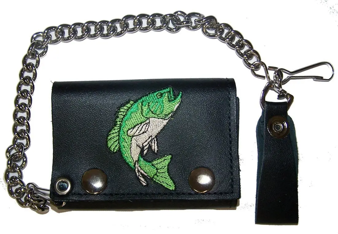 Embroidered Fish Trifold Leather Wallet With Chain 1