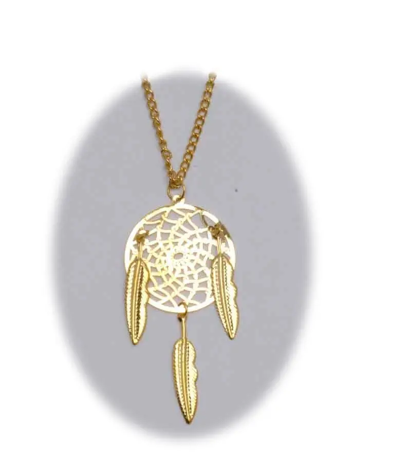 18 Inch Metal Dream Catcher Gold Necklace With Feathers (Sold By The Piece) 1