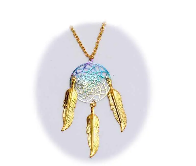 18 Inch Metal Dream Catcher Gold Rainbow Necklace With Feathers (Sold By The Piece) 1
