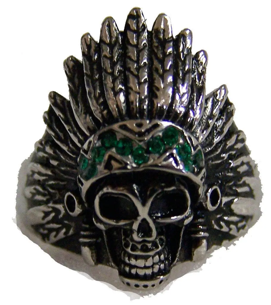 Indian Cheif W Green Band Stainless Steel Biker Ring 1