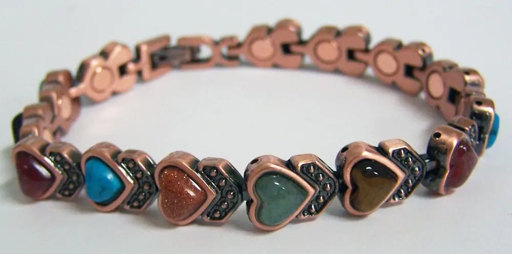 Solid Copper Magnetic Heart Shaped Mixed Stones Link Bracelet 1