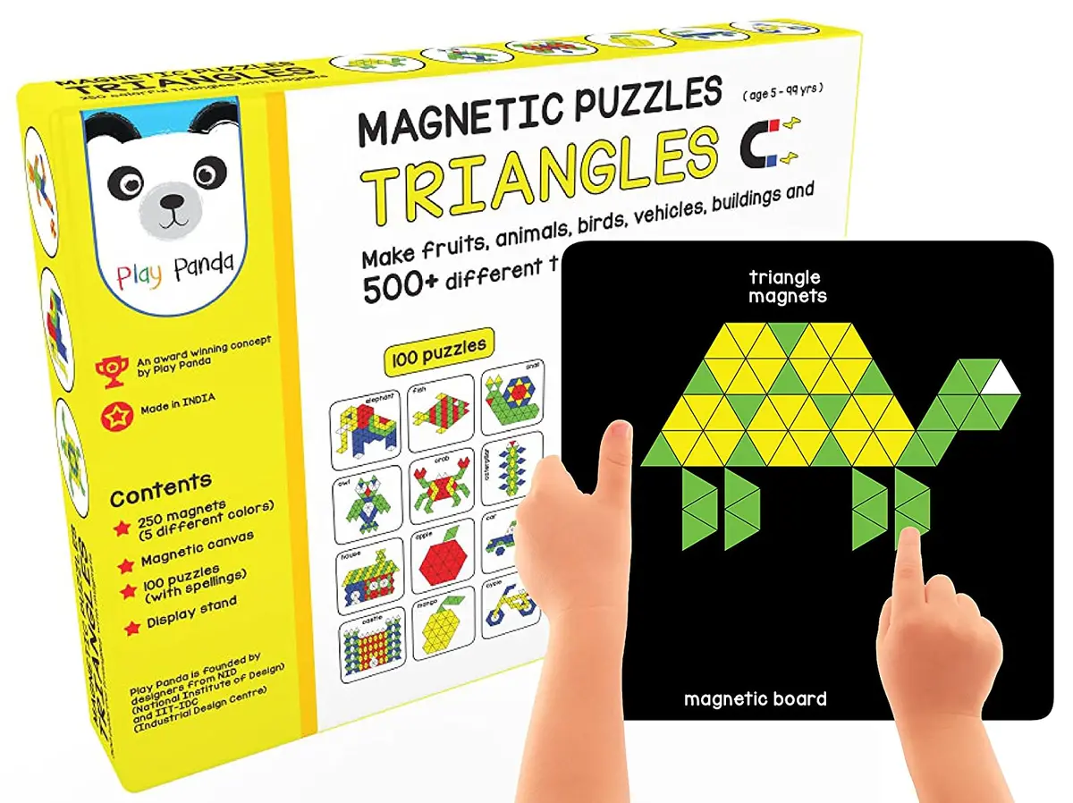 Play Panda New Magnetic Puzzles : Triangles - Includes 250 Colorful Magnets, 100 Puzzles, Magnetic Board, Display Stand 1