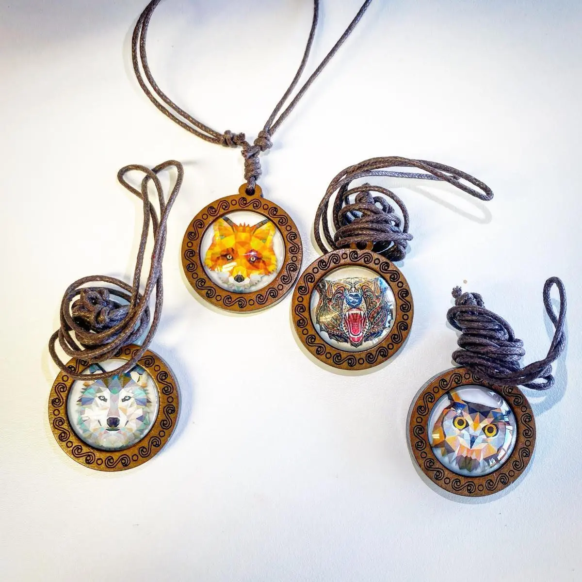 Wood Prism 3D Like Animal Necklaces On Adjustable Wax Rope Necklace Wolf, Bear, Fox, Owl (Sold By The Piece) 1