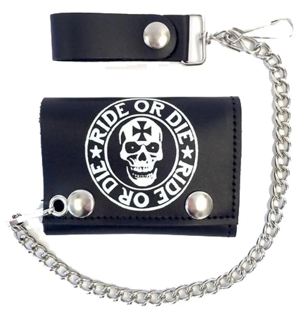 Ride Or Die Skull Head Trifold Leather Wallets With Chain 1