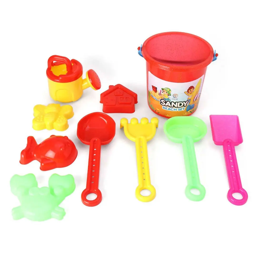 Ratna's Sandy Beach Play Set For Kids Sand Beach Toys Set Toddlers - Pack Includes 1 Bucket, 4 Big Scoops, 4 Moulds, And 1 Sprinkler 10 Pcs 1