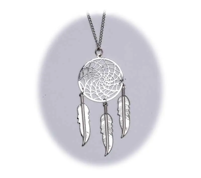 18 Inch Metal Dream Catcher Silver Necklace With Feathers (Sold By The Piece) 1