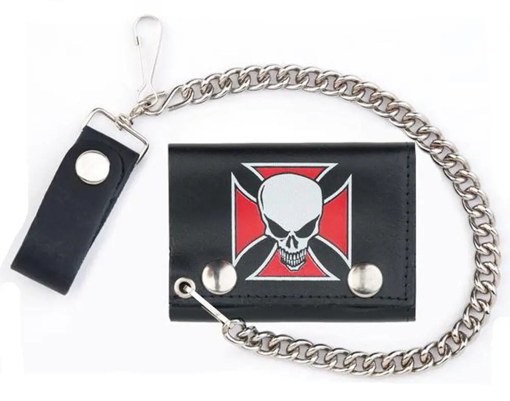 Skull Red Iron Cross Trifold Leather Wallets With Chain 1
