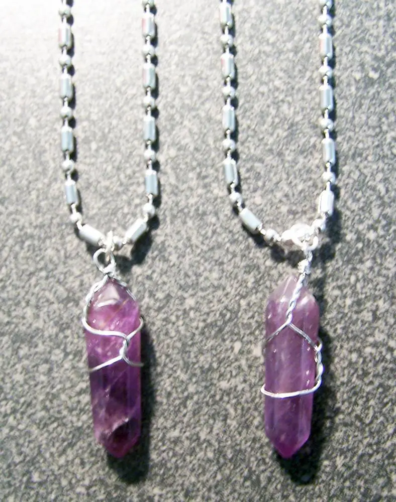Stainless Steel Ball Chain Necklace With Wire Wrapped Amethyst Crystal Pendant 1