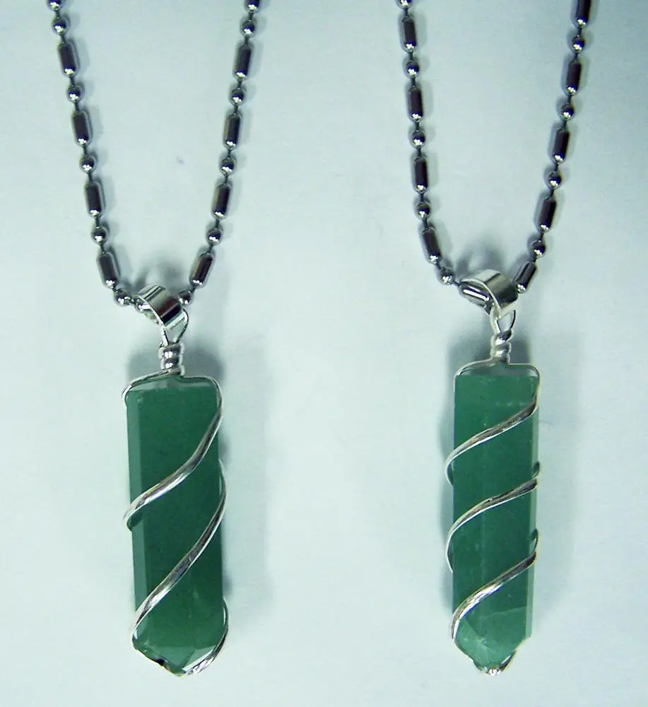 Green Aventurine Coil Wrapped Stone Stainless Steel Ball Chian Necklace 1