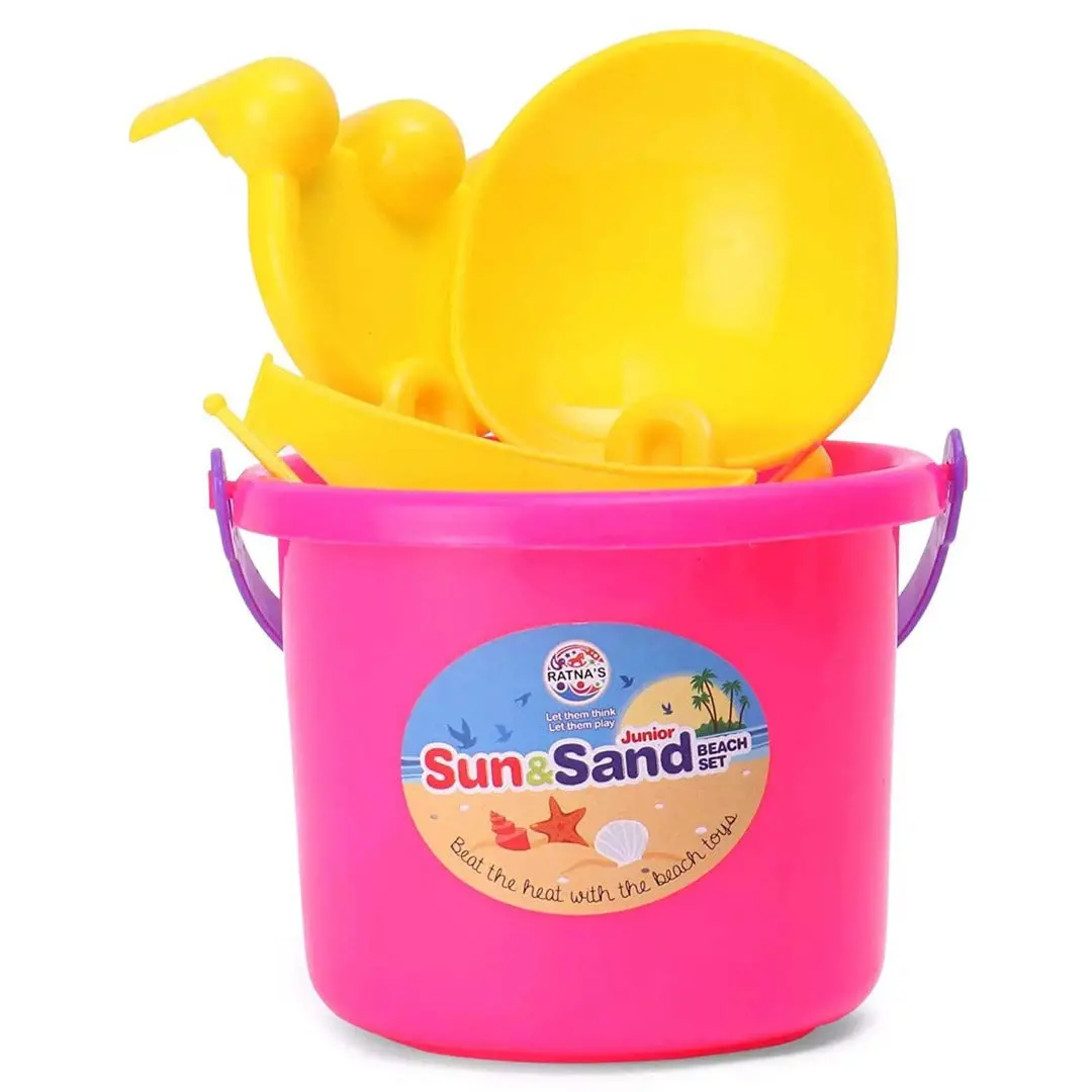 Ratna's Junior Sun & Sand Beach Play Set For Kids/Toddlers Sand Beach Play Toys Pack Includes 1 Bucket, 1 Spade, 1 Pick Axle, 1 Rescue Boat & 2 Moulds 6 Pcs 1