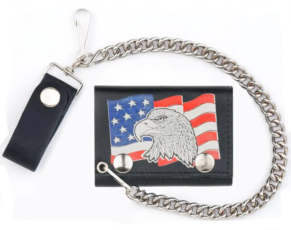 Usa Flag Eagle Head Trifold Leather Wallets With Chain 1
