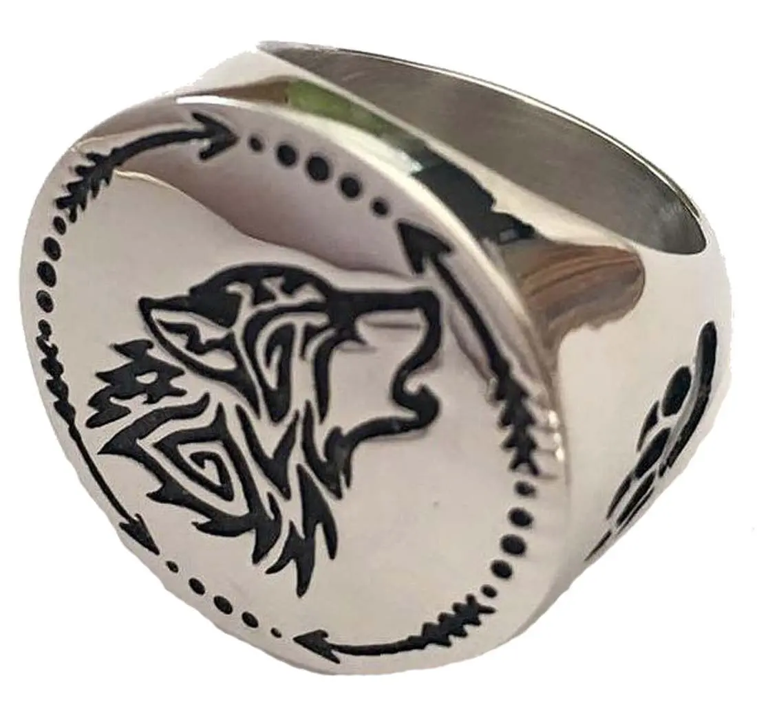 Howling Wolf W Paw / Dreamcatcher Stainless Steel Biker Ring 1