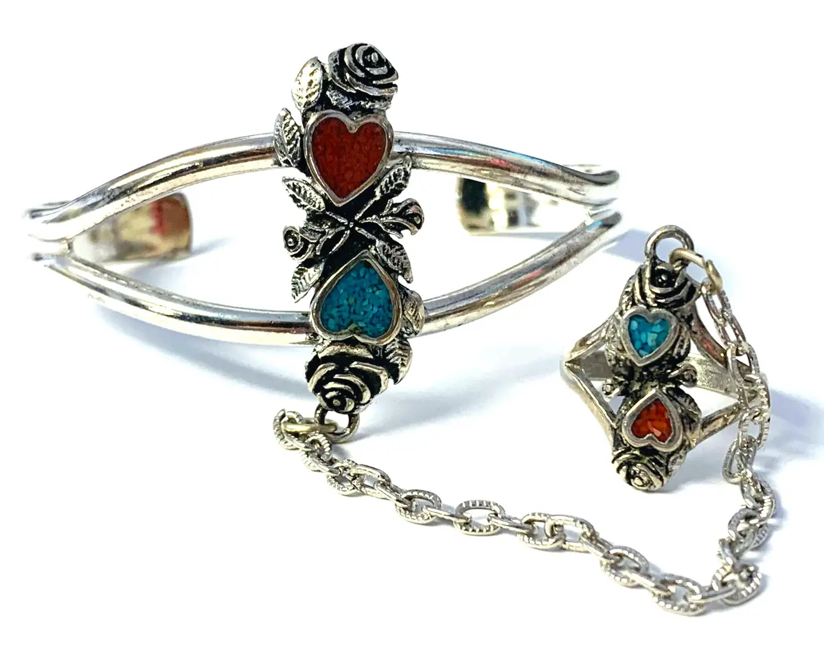Hearts & Roses Cuff Slave Bracelet W Ring On Chain (Sold By The Piece) 1