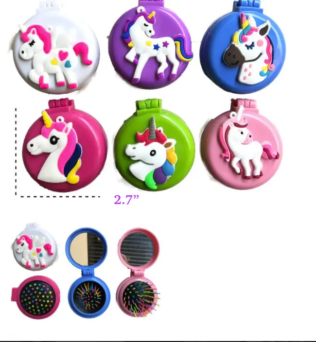 Compact Rainbow Unicorn Hair Brush With Mirror (Sold By The Piece Or Dozen) 1