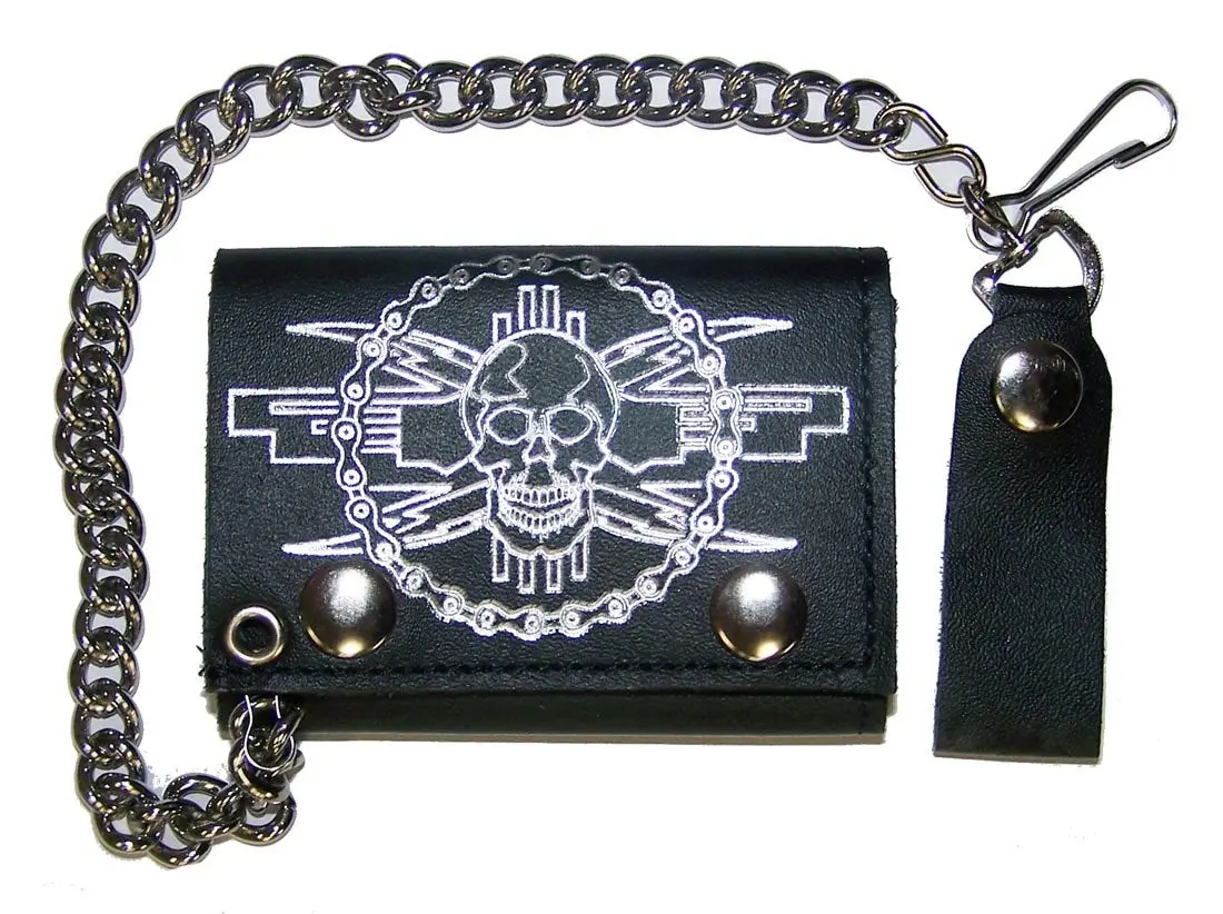 Skull Motorcycle Chain Trifold Leather Wallet With Chain 1