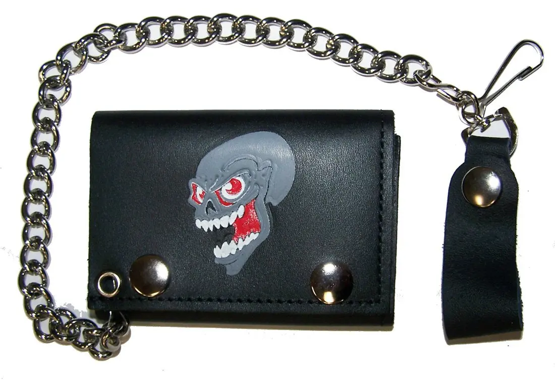 Screaming Skull Trifold Leather Wallet With Chain 1