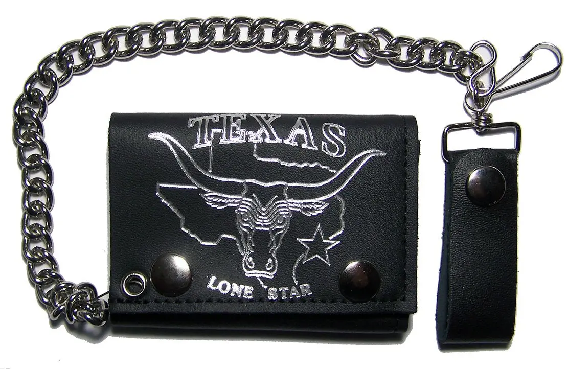 Texas Lone Star Bull & Horns Trifold Leather Wallets With Chain 1