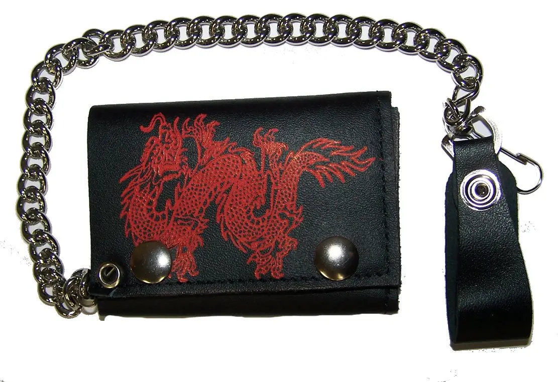 Red Chinese Dragon Trifold Leather Wallets With Chain 1
