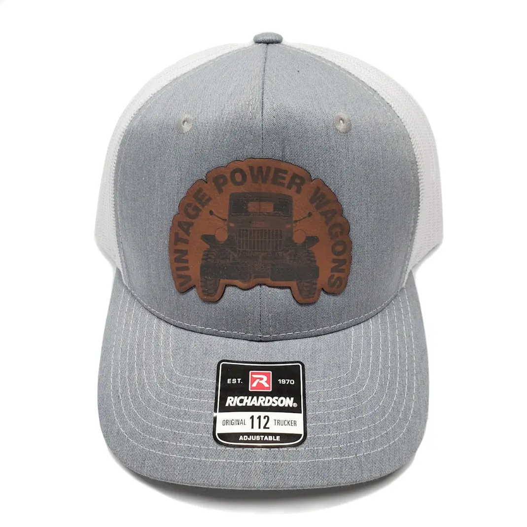 New Vpw Logo Gray & White Hat With Brown Leather Patch - Adjustable, Mesh Back Trucker Cap - Acc-Logo-Cap-Gw-Br 1