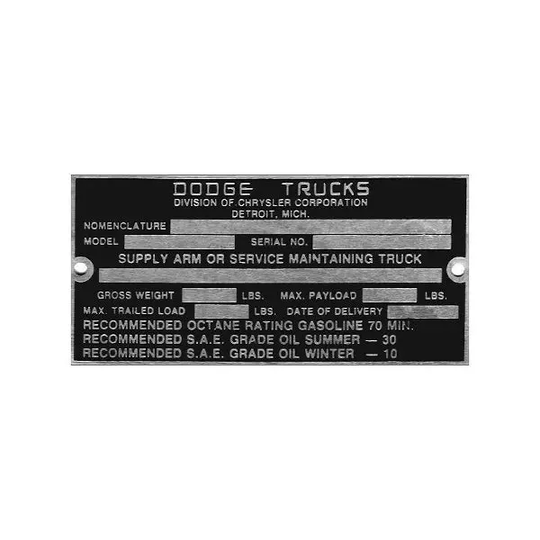 New Data Plate #09 - Wwii Wc 3/4 Ton Main I.D. 1
