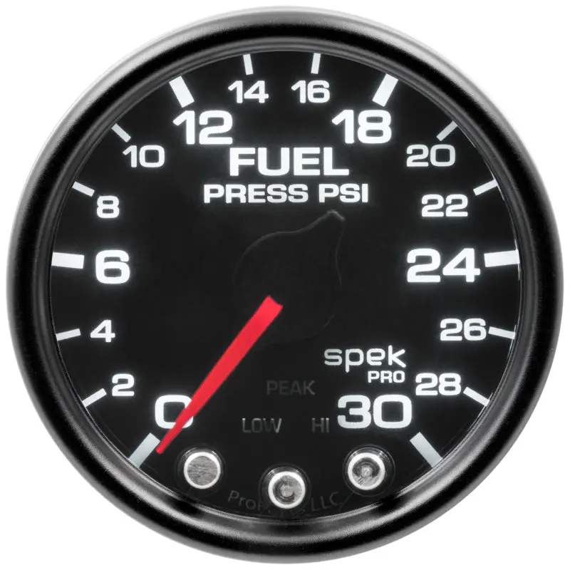 Autometer Spek-Pro 2-1/16" Fuel Pressure Gauge – 30 Psi Range, Stepper Motor, Peak Hold & Warning, Black/Smoke/Black Dial 1