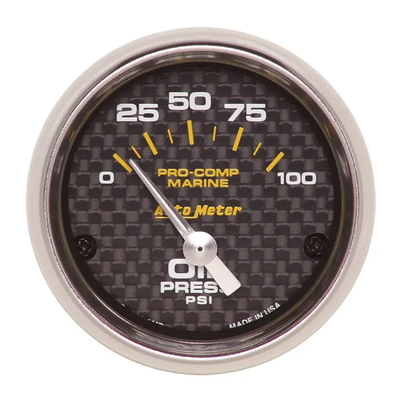 Autometer Marine-Grade 2-1/16" Electric Oil Pressure Gauge – 100 Psi Range With Carbon Fiber Face 1